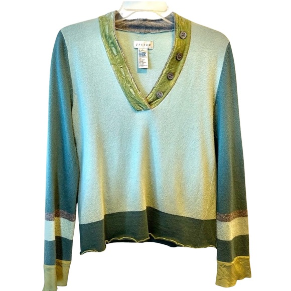 Jigsaw Tops - Jigsaw Silk Cotton Blend Blue Green Pullover Long Sleeve Sweater w/ Velvet Trim